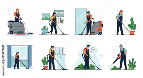 Diverse set of professional cleaners using various industrial equipment to clean floors, windows, and gardens in city offices.