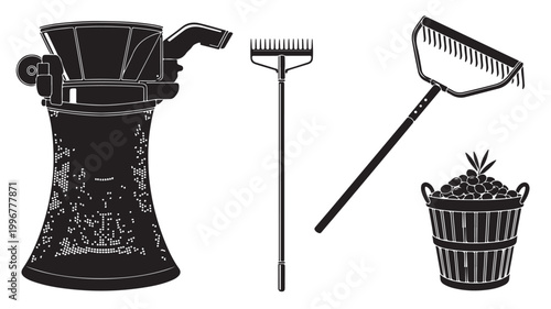 Vintage olive harvesting equipment set, rustic black and white vector silhouettes of hand rakes and collection basket, traditional farming tools