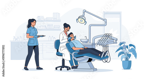 Professional female dentist examining a patient in a modern dental clinic while a dental assistant prepares instruments nearby.