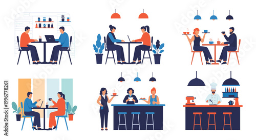 Collection of scenes showing people working, socialising, and drinking coffee in various modern cafe and restaurant environments.