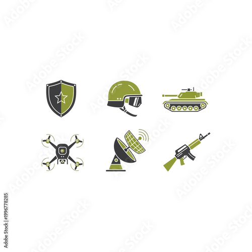 Set of military and defense tactical equipment icons with military, tactical