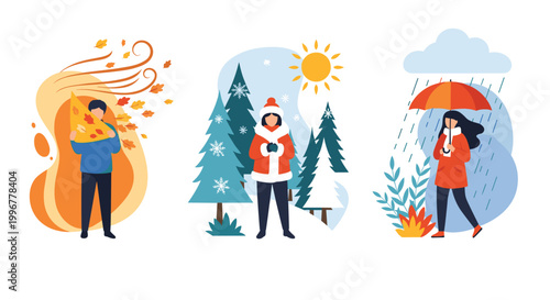 Illustration of people experiencing different weather conditions including windy autumn, snowy winter, and rainy seasons.