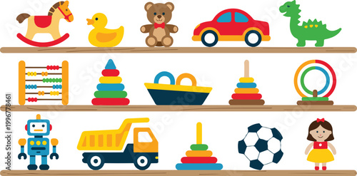 Kids Toy Shelf Collection Flat Vector Illustration with Wooden Shelves Cartoon Toys Display in Clean Minimal Style
