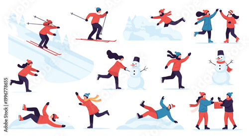 Large set of people enjoying various winter activities like skiing, ice skating, making a snowman, and family sledding fun.