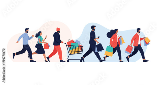 Excited group of diverse people running with shopping bags and full grocery cart to catch best seasonal sales and discounts.