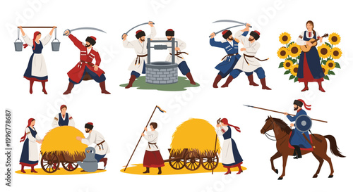 Historical Cossack culture illustrations depicting traditional costumes, sword fighting, farm work, singing, and riding horses.