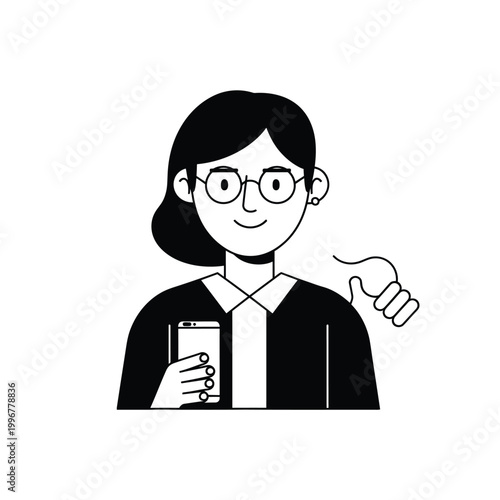 Cartoon Woman With Glasses Holding Beverage.