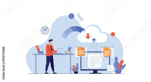 Creative professional working on a laptop at a desk with cloud computing icons for data upload and secure file transfer.