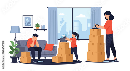 Stressed family moving house with stacked cardboard boxes in a living room while a man sits on a sofa looking tired.