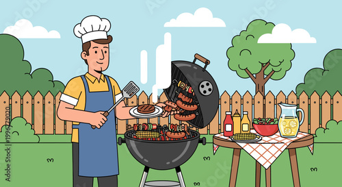 A man in a chef's hat and apron grilling sausages and burgers on a barbecue in a sunny backyard, with a table of food and drinks nearby.