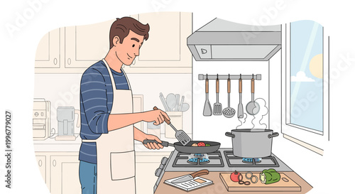 A man wearing an apron is cooking food in a kitchen, stirring ingredients in a frying pan on a gas stove next to a steaming pot and fresh vegetables.