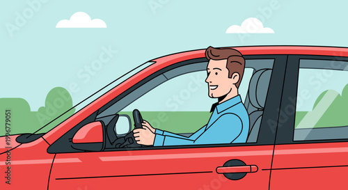 A smiling man with brown hair drives a red car on a sunny day, an illustration depicting a pleasant journey.