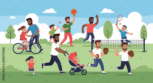 Fathers and children enjoying various sports and leisure activities together in a vibrant park setting on a sunny day.