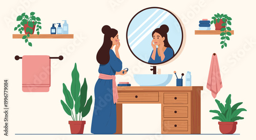 Beautiful woman in a blue robe performing morning skincare routine while looking at her reflection in a bathroom mirror.