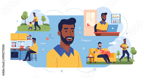 A man's life depicted through various activities including family time, work, cooking, relaxation, and exercise, showcasing a balanced lifestyle.