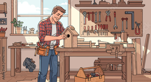 A cheerful carpenter in a workshop, meticulously assembling a wooden birdhouse with tools and materials surrounding him.