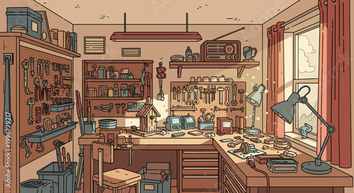 A well-organized workshop filled with tools, crafting supplies, and a workbench bathed in natural light from a window.