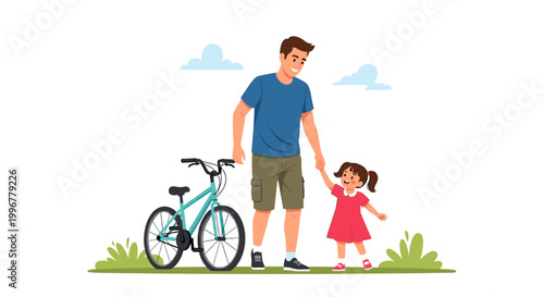 A smiling father holding his daughter's hand next to a bicycle in a grassy park with clouds in the sky.