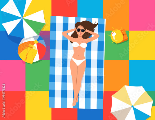 A woman sunbathing on a checkered towel surrounded by colorful beach items and a vibrant patterned background.