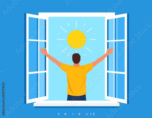 A man with outstretched arms greets the bright morning sun through an open window, symbolizing a fresh start and new day.
