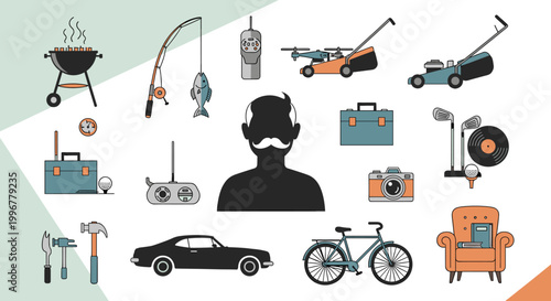 Collection of icons representing various hobbies and interests for men, including grilling, fishing, remote control toys, lawn care, photography, and cycling.