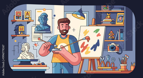 A cheerful male artist with a beard, wearing a blue and yellow shirt, stands in his art studio, holding brushes and palette, painting on an easel with colorful strokes.