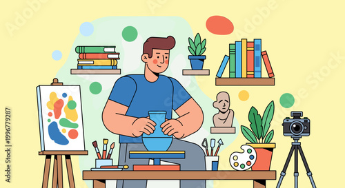A man is happily engaged in pottery, surrounded by art supplies, books, and plants, showcasing a creative hobby.