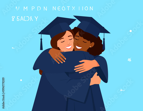 Two happy diverse female graduates embracing each other warmly after their graduation ceremony, celebrating their academic achievement and friendship.