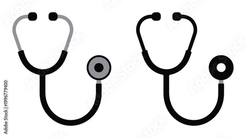 Two black and grey stethoscopes, essential medical diagnostic tools depicted as simple vector icons on a clean white background for healthcare, hospital, and clinical design concepts.