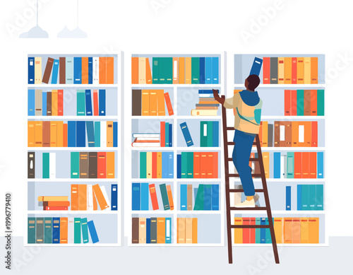 Person on a ladder organizing books and files on tall shelves in a library or archive.