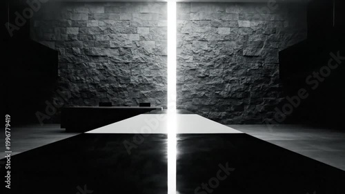 Dramatic empty meeting room interior with bright light illuminating the stone wall, creating a sense of mystery