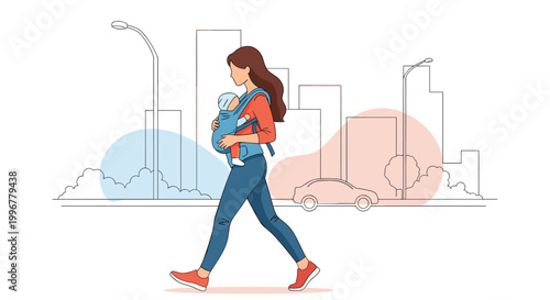 Modern mother walking through a city street while carrying her small baby in a comfortable front carrier harness system.
