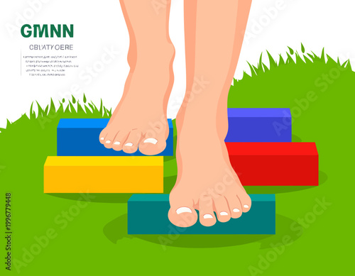 Bare feet stepping on colorful blocks arranged on green grass, suggesting a path or playful activity.