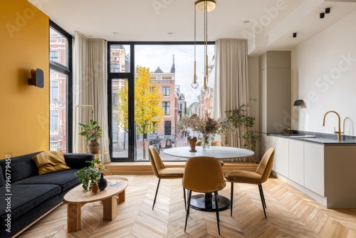 Modern living room with city view, mustard accents, and wooden floor