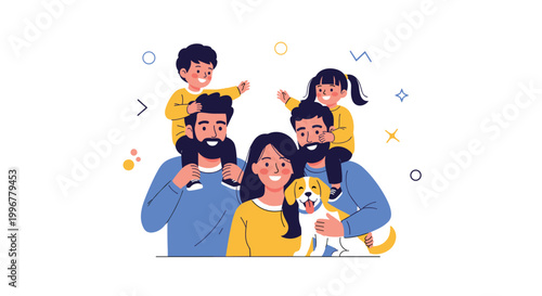 Happy family portrait with mother, father, two children, and their pet dog showing love and togetherness in flat style.
