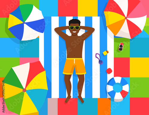 An illustration of a happy man sunbathing on a striped towel surrounded by colorful beach umbrellas and a lifebuoy.