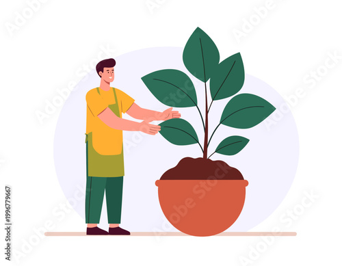 A man in an apron happily tending to a large green potted plant, showing care for nature and gardening as a hobby.