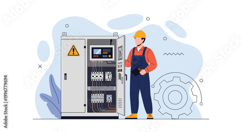 Professional electrical engineer or technician in a hard hat and overalls inspecting an open industrial electrical control panel and cabinet.