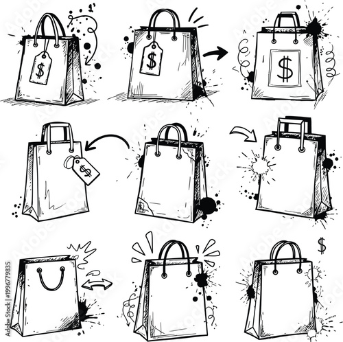 Shopping bags with arrows and tags - sketch with shopping bag