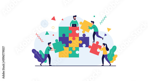 Diverse team of four professional people working together to assemble a giant colorful jigsaw puzzle symbolizing cooperation and teamwork.