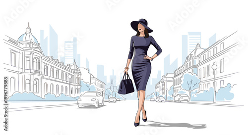 Elegant young woman wearing a stylish dress and wide-brimmed hat walking confidently down a busy city street with classic architecture.