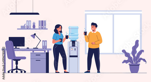 Two colleagues, a man and a woman, having a friendly conversation while drinking water from a cooler in a modern office breakroom.