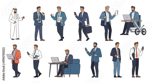Large collection of diverse businessmen in different professional situations including working on laptops, using phones, and attending meetings.