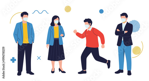 Group of four people including men and women wearing protective medical face masks as a health safety measure in public.