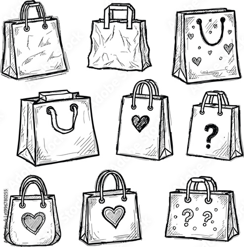 Shopping bags with hearts and question marks - sketch