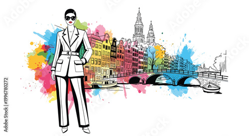 Fashionable woman posing in a chic white suit in front of an artistic sketch of Amsterdam buildings and colorful watercolor splashes.