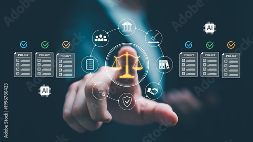 Tableau sur toile Businessman hand touch digital interface with justice scale icon, legal complian