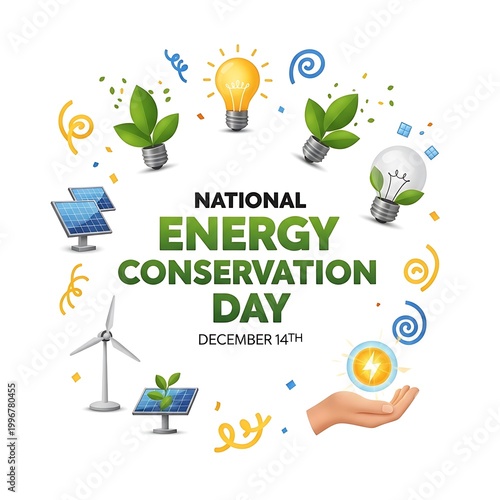 National Energy Conservation Day poster with eco-friendly icons and renewable energy symbols on white background