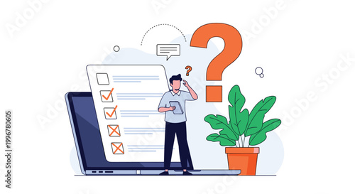 Confused man standing in front of a giant laptop screen with a complex checklist and a large question mark, seeking a solution.