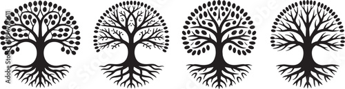 Monochrome Tree of Life Symbol Set with Roots and Branches, Black Silhouette Vector Illustration